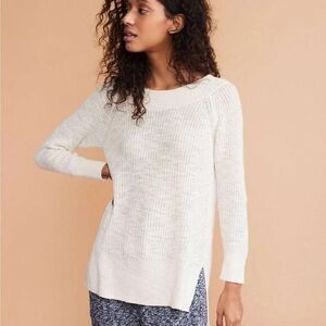 Lou & Grey Ribbed Boat Neck Sweater XS Cream Side Slit Knit Minimalist Cozy